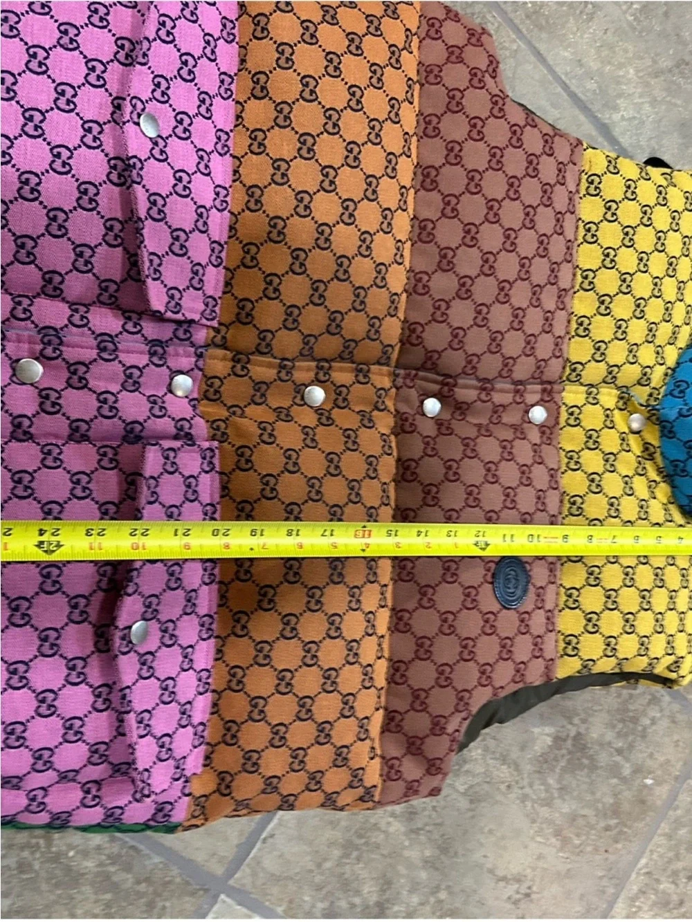 Men’s Gucci, multicolor yellow blue pink patchwork GG down size 48/small vest